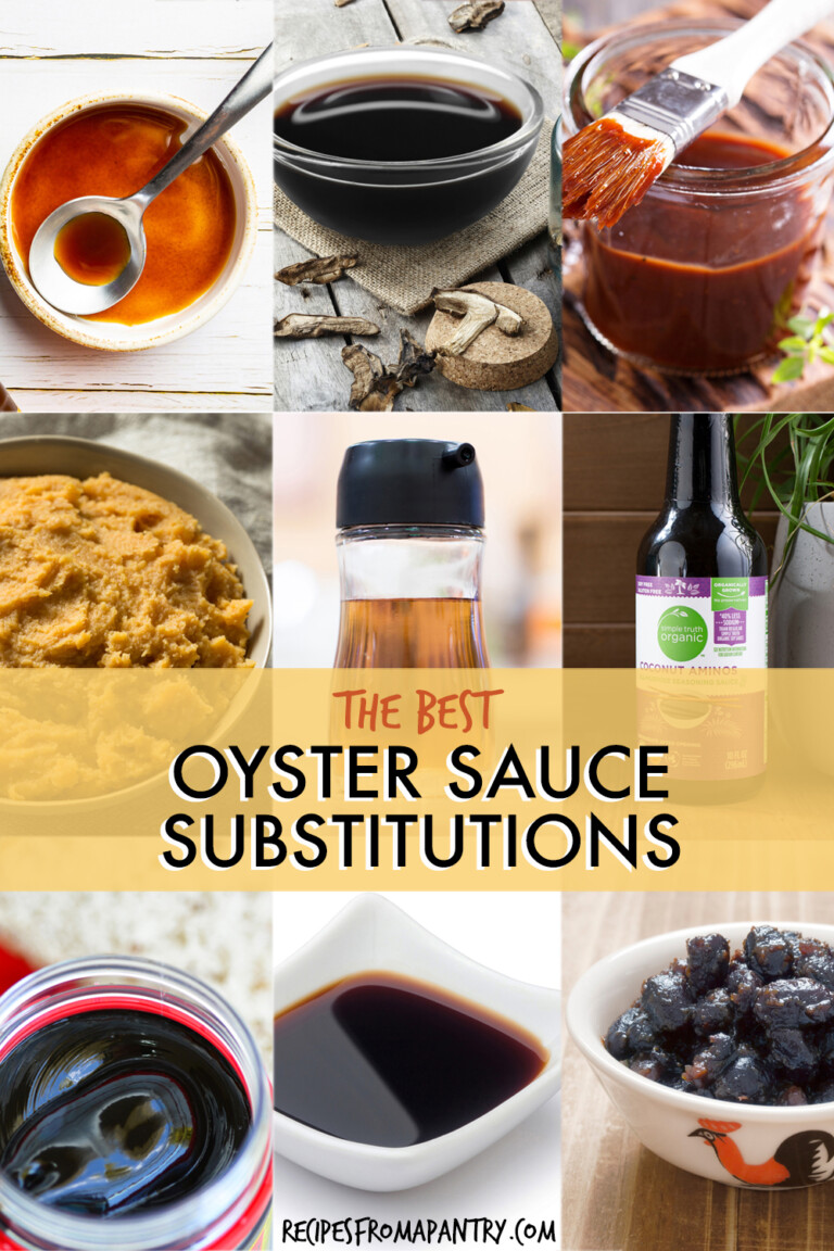A collage of images of condiments that can be used as substitutions for oyster sauce