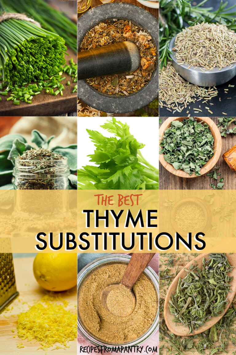 A collage of images of ingredients that can be used as substitutions for thyme.